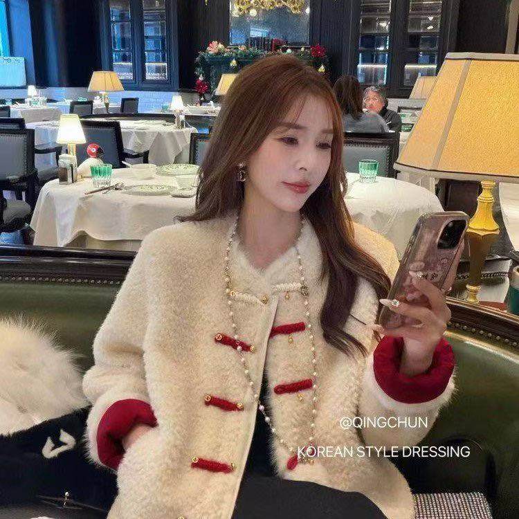 新中式国风盘扣仿羊羔毛短外套女冬季保暖宽松型毛毛外套保暖外套,女装/女士精品,短外套,淘宝优惠券,粉丝福利购,淘宝优惠卷