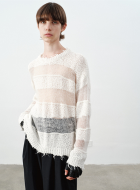 GRAINMUSTARD 针织镂空中性毛衣打底衫毛边宽松套头长袖内搭T恤