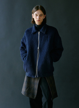 GRAINMUSTARD 阿尔巴卡长毛拉链夹克羊驼毛混纺藏青色翻领外套