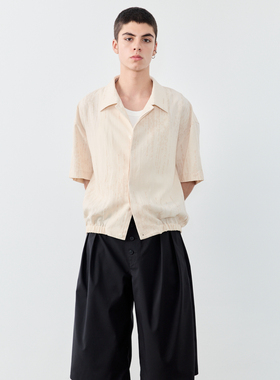 GRAINMUSTARD 复古翻领提花短袖衬衫外套日系休闲设计感短款上衣