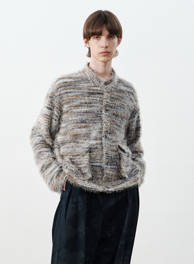 GRAINMUSTARD 针织拉毛横条开衫复古软糯圆领贴袋短款毛衫外套