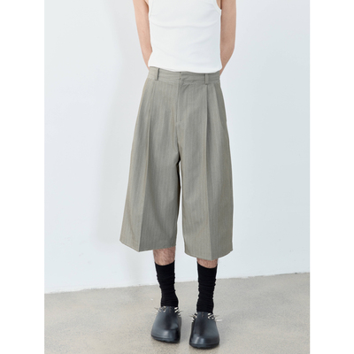 GRAINMUSTARD 日系复古高腰条纹打褶七分裤宽松休闲直筒短裤