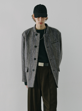 GRAINMUSTARD 马海毛水波纹长毛混色西装廓形复古光泽感毛呢外套