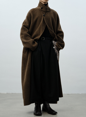 GRAINMUSTARD  立绒羊毛加厚插肩袖廓形长款大衣深咖绿毛呢外套冬