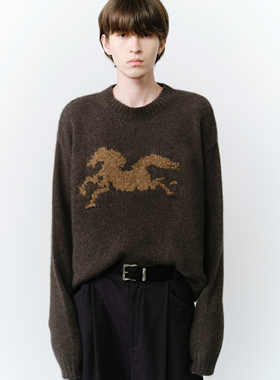 GRAINMUSTARD 浣熊绒粗针小马嵌花圆领毛衣宽松慵懒针织套头上衣