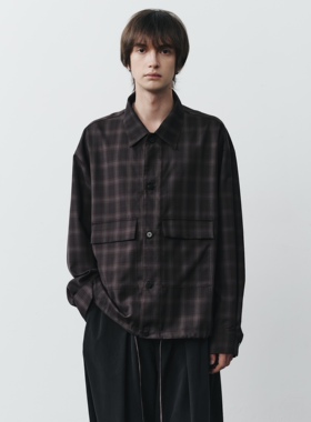 GRAINMUSTARD 羊毛混纺色织棕色格纹复古抽绳衬衣中性落肩衬衫春