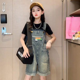 2025新款 兒童中大童洋氣潮 短袖 女童夏裝 套裝 薄款 背帶牛仔短褲 夏季