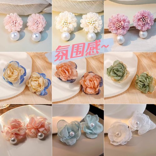 2025新春夏季超仙气玫瑰花朵耳钉莫奈田园法式复古欧根纱甜美耳环