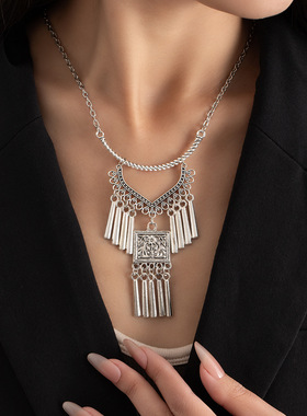 新中式民族风古银色刻花流苏颈链苗族小众冷淡风项链配饰金属项饰