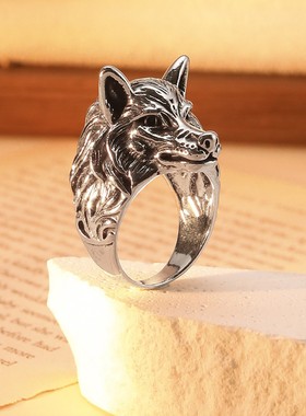 跨境爆款复古森林狼头戒指高级感男士欧美风个性动物指环嘻哈潮酷