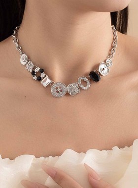 金属重工甜酷风纽扣项链复古小众设计镶钻颈链女个性冷淡欧美项饰