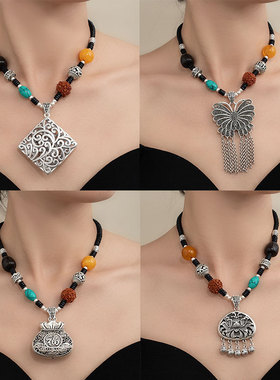 复古金刚仿菩提可调节时来运转锁骨链女做旧超大貔貅福袋吊坠项链