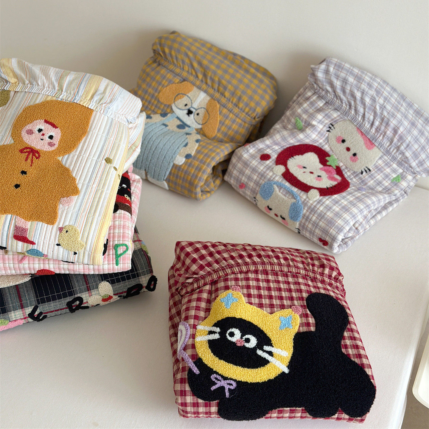 卡通可爱毛巾绣全棉色织水洗棉夹棉厚床笠三件套绗缝夹棉纯棉床罩