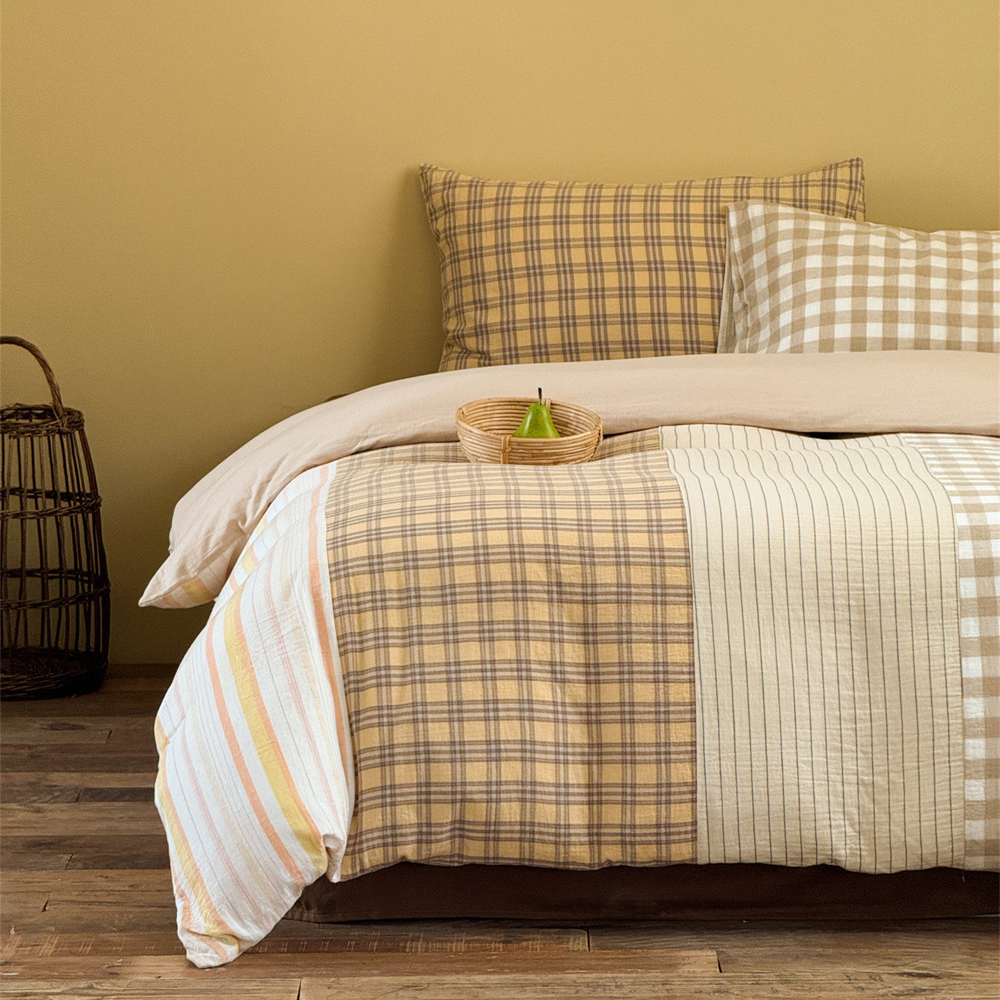 ins撞色拼布格子全棉双层纱四件套 纯棉亲肤床单被套双人床上用品