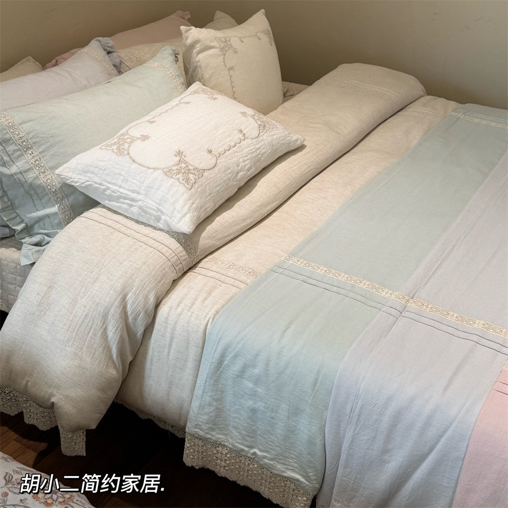 法式轻奢天丝棉麻蕾丝花边四件套简约素色床单被套民宿风床上用品