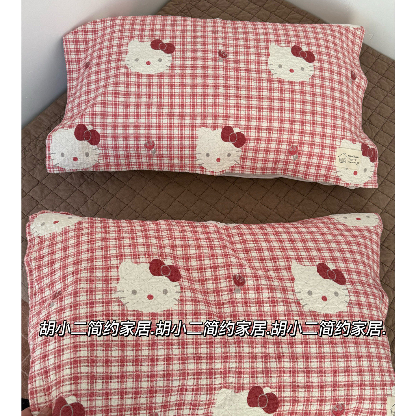 卡通可爱Kitty小猫全棉四层纱布枕巾一对装 纯棉新年枕头巾防头油