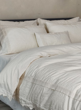 法式轻复古亚麻刺绣花边四件套干爽舒适棉麻床单被套双人床上用品