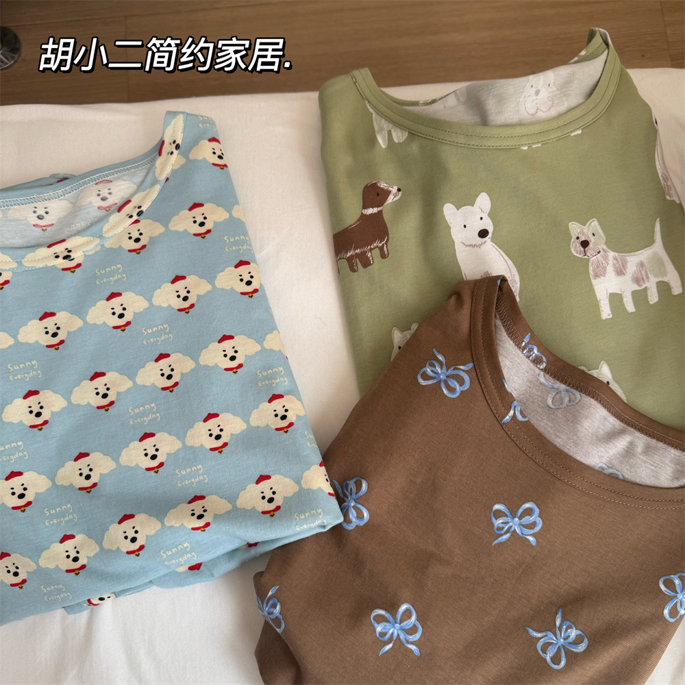 A类卡通可爱针织棉印花长袖长裤家居服睡衣套装 夏季全棉短袖睡裙