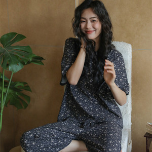 柔软可裸睡针织棉印花家居服套装薄款纯棉天竺棉短袖睡衣睡裤睡裙