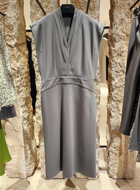 GIADA国内专柜正品代购2024新款中性灰色V领弹力羊毛连衣裙