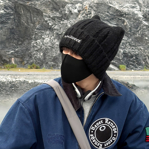 Jodhat猫耳朵针织帽大头围保暖护耳冷帽男防寒帽子显脸小毛线帽女