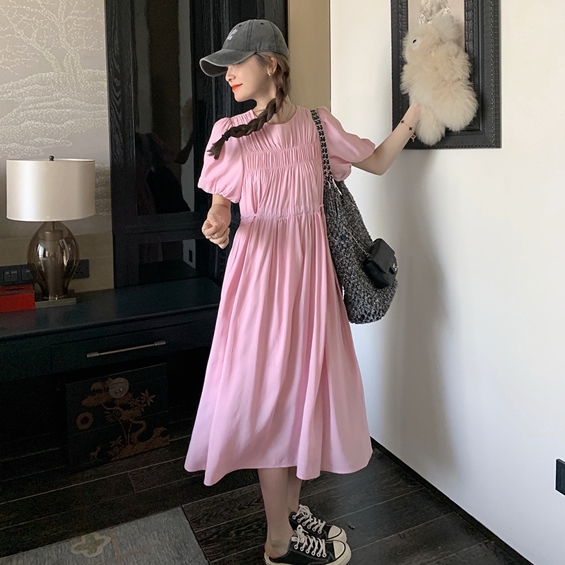 粉色长款连衣裙女2025春季新款学院风褶皱高级感甜美宽松显瘦裙子，女装连衣裙，素依格格