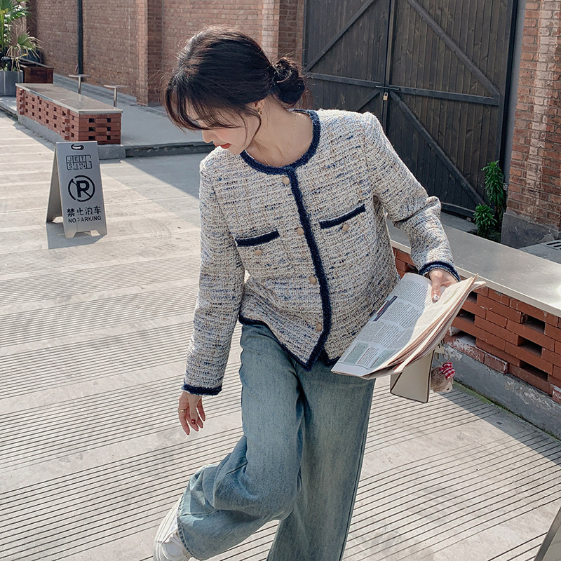 撞色编织圆领小香风外套女秋法式优雅气质高级感小个子粗花呢上衣,女装短外套,素依格格