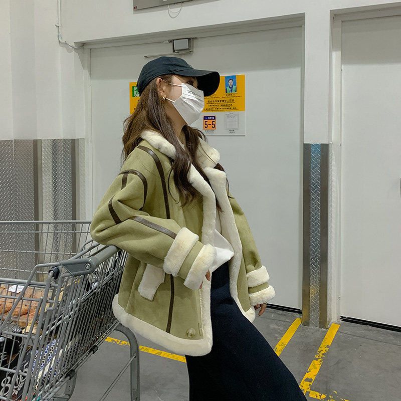 高级感超好看羊羔毛短外套女2023秋冬新款小个子皮毛一体机车棉服,女装皮衣,素依格格