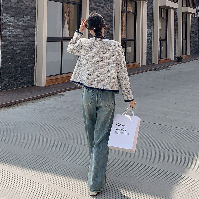 撞色编织圆领小香风外套女秋法式优雅气质高级感小个子粗花呢上衣,女装短外套,素依格格
