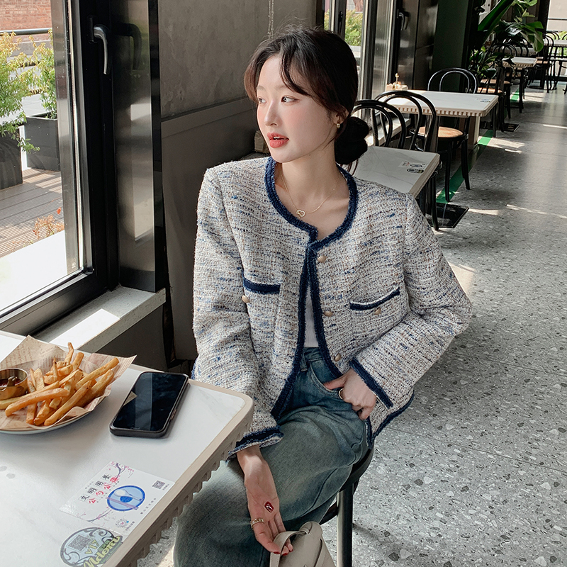 撞色编织圆领小香风外套女秋法式优雅气质高级感小个子粗花呢上衣，女装短外套，素依格格