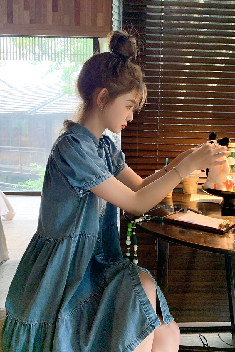 夏季短袖牛仔连衣裙女拼接2024新款甜美港风泡泡袖高腰小众裙子,女装连衣裙,素依格格