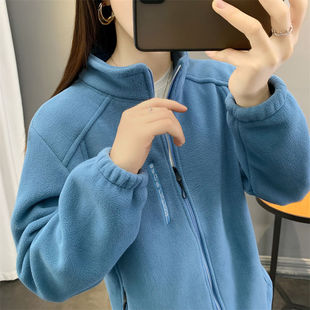 抓绒衣女秋冬防风保暖摇粒绒开衫 卫衣户外跑步运动双面绒立领外套
