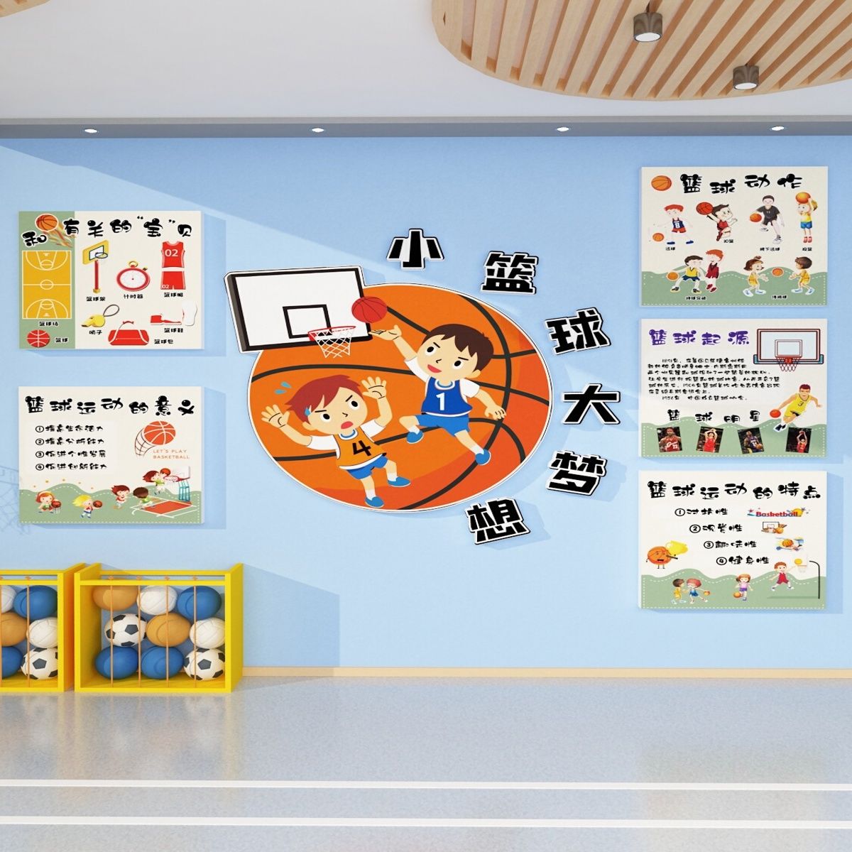 幼儿园篮球主题墙面贴纸画环创材料用品布置楼梯走廊运动体育活动图片
