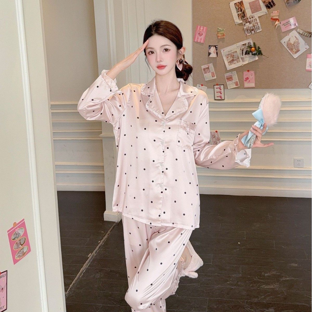 法式睡衣女春季高级感冰雪丝甜美波点长袖套装夏天家居服可外穿