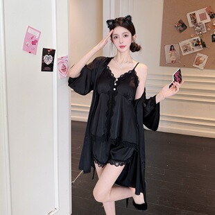 春夏季 睡袍蕾丝花边纯欲家居服三件套 睡衣女士冰雪丝性感吊带短裤