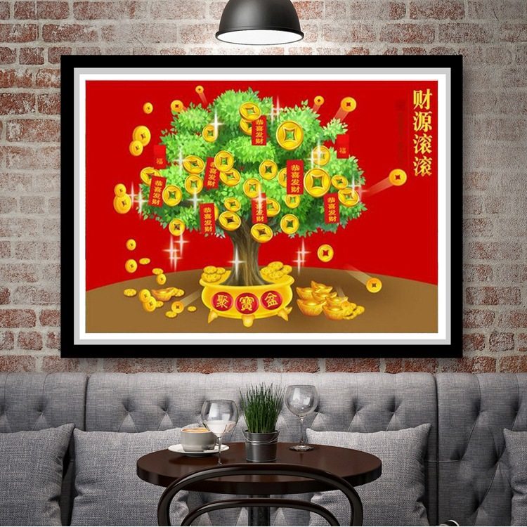 2026新款手工点钻石画中国风餐厅发财树摇钱树满钻粘钻线绣十字绣