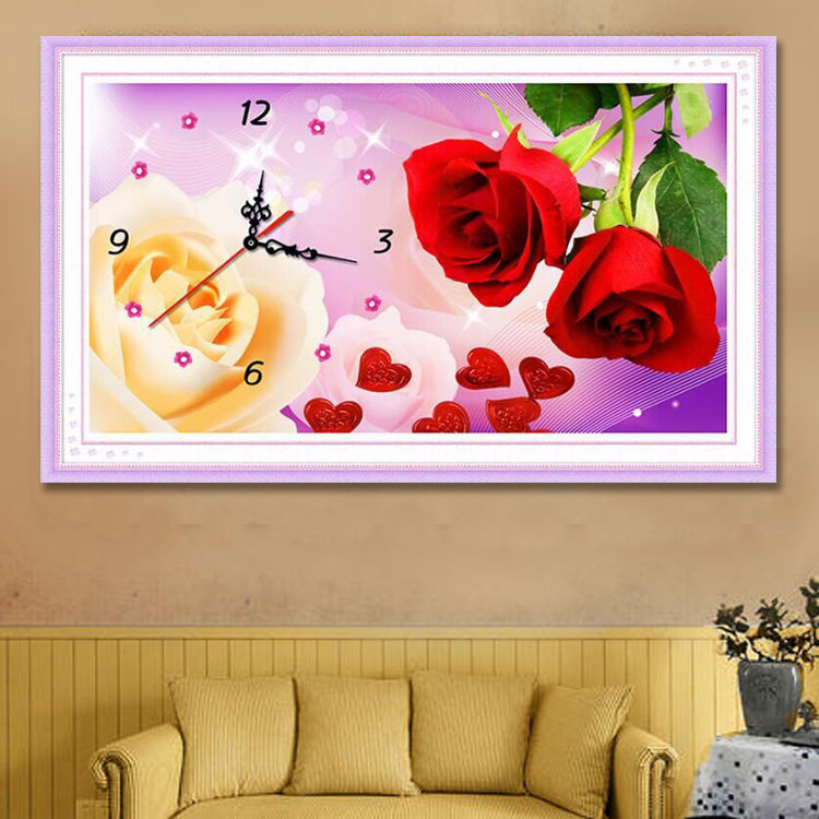 2026新款点钻石画欧式卧室客厅结婚玫瑰钟表满钻粘钻贴线绣十字绣
