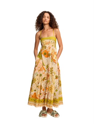 澳洲小众亚麻芥末黄沙漠骆驼吊带连衣裙2026新款度假休闲百搭长裙