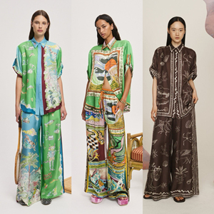 澳洲小众真丝缎面印花短袖衬衫阔腿裤2025新款度假风旅游两件套女