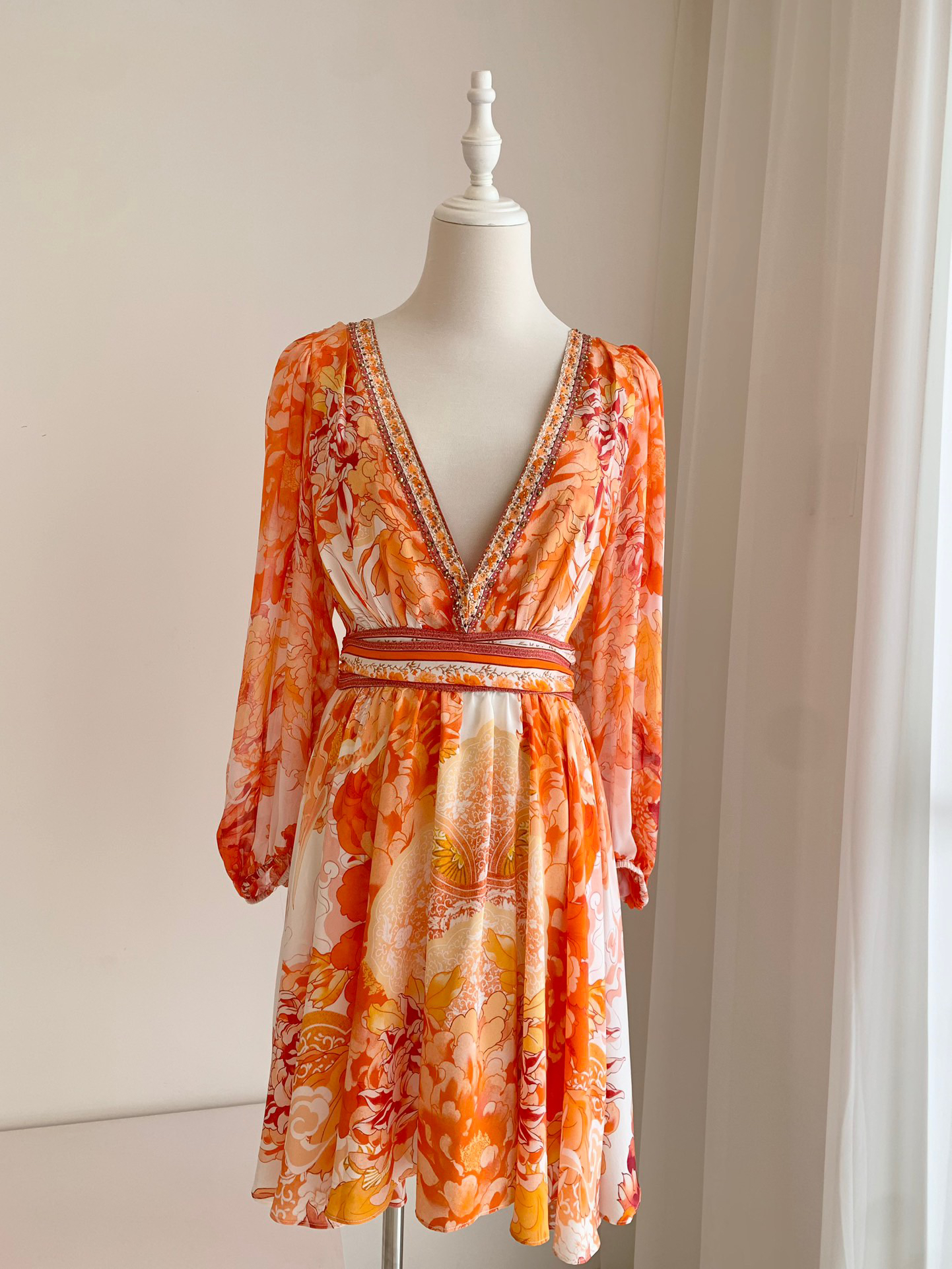 澳洲小众ca＊illa24夏季新款贵妇黄色真丝印花绽放花朵连衣裙