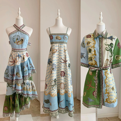 澳洲小众海洋图案印花连衣裙套装2025新款度假风沙滩拍照长裙