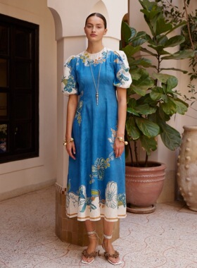 澳洲小众亚麻蓝色卢达短袖印花连衣裙2026新款度假休闲百搭长裙