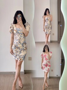 澳洲小众BEC肯豆同款复古印花弹力修身显瘦包臀气质连衣裙女