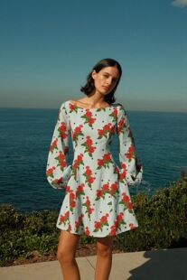 澳洲小众亚麻红玫瑰印花灯笼袖连衣裙2026新款度假休闲百搭连衣裙