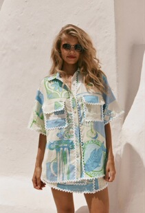 澳洲小众亚麻蓝色希腊风短袖衬衫半裙套装2026新款度假休闲两件套