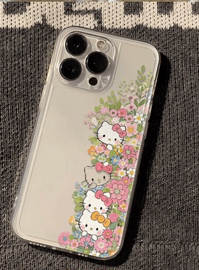 小众透明花卉印花iPhone手机壳Hello Kitty可爱保护套适用苹果17promax文艺ip16新款15/14plus/13/12mini女11