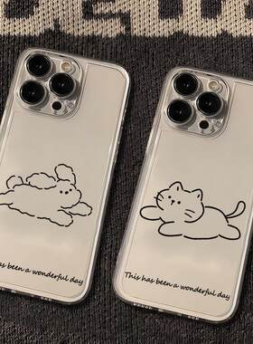 笔画小狗狗可爱卡通猫咪小猫手机壳透明软壳iPhone适用苹果17promax女ip16新款15/14plus/13/12mini/11情侣款