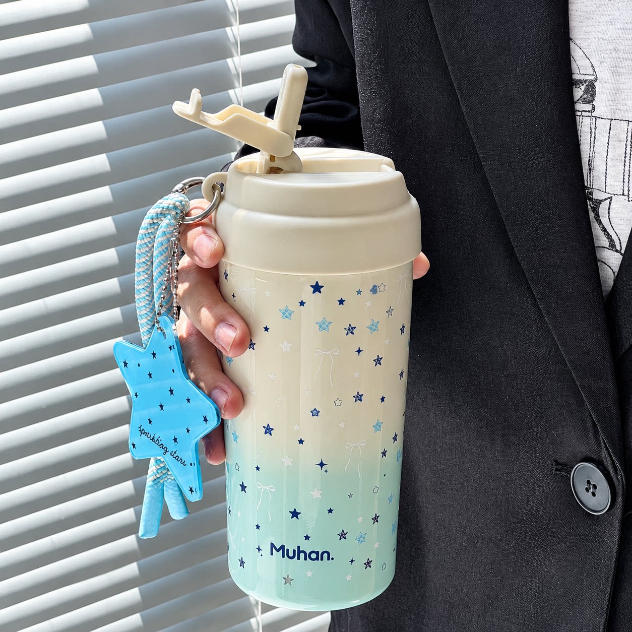 沐韩星星保温杯女便携吸管杯办公室咖啡杯学生水杯户外高颜值杯子