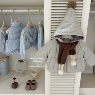 【乐恩童装】原创设计冬女童薄荷绿精灵帽加绒外套送围巾厚款棉服