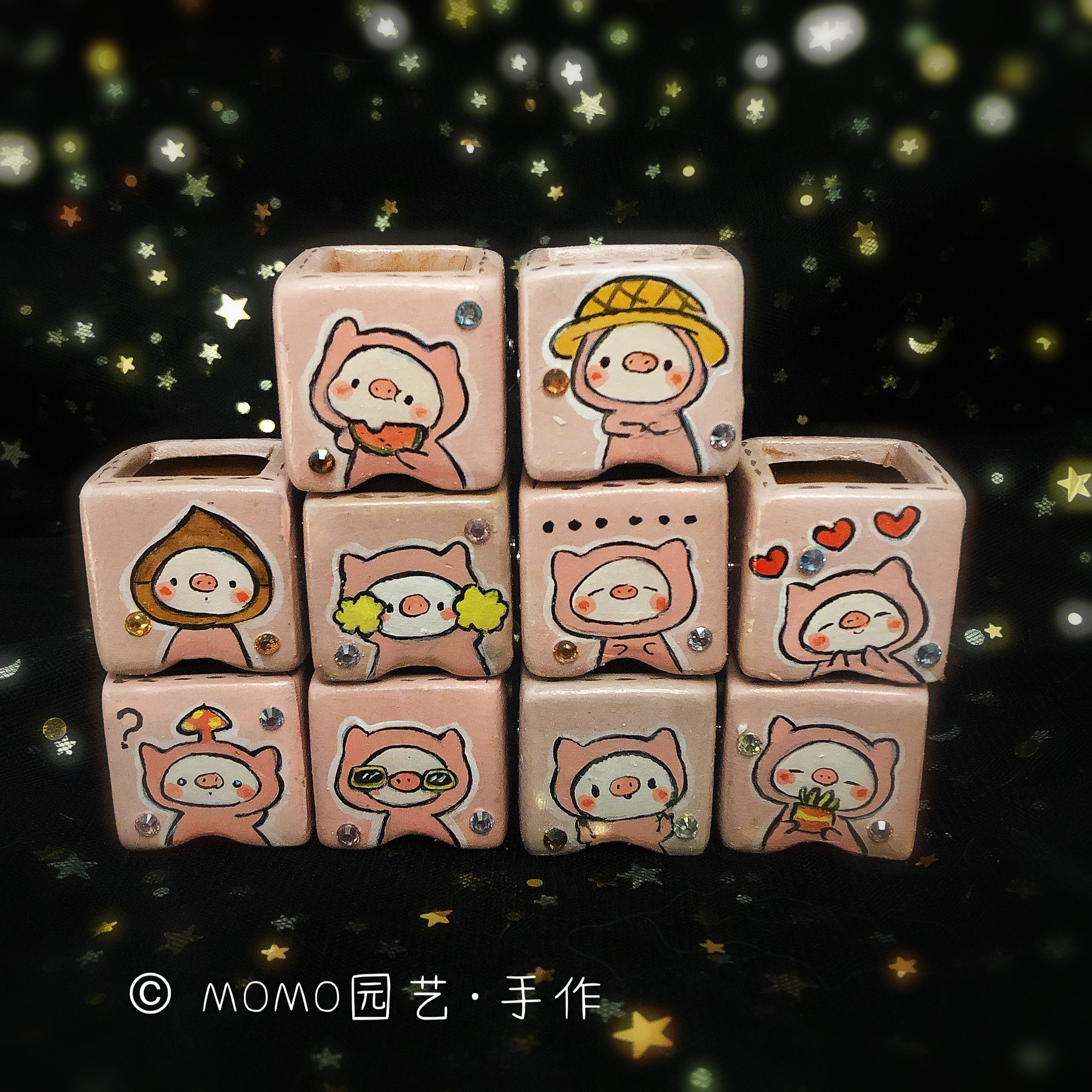 MOMO园艺手作卡通小猪猪可爱硅质手绘花盆多肉锥指姆小盆韩式紫砂